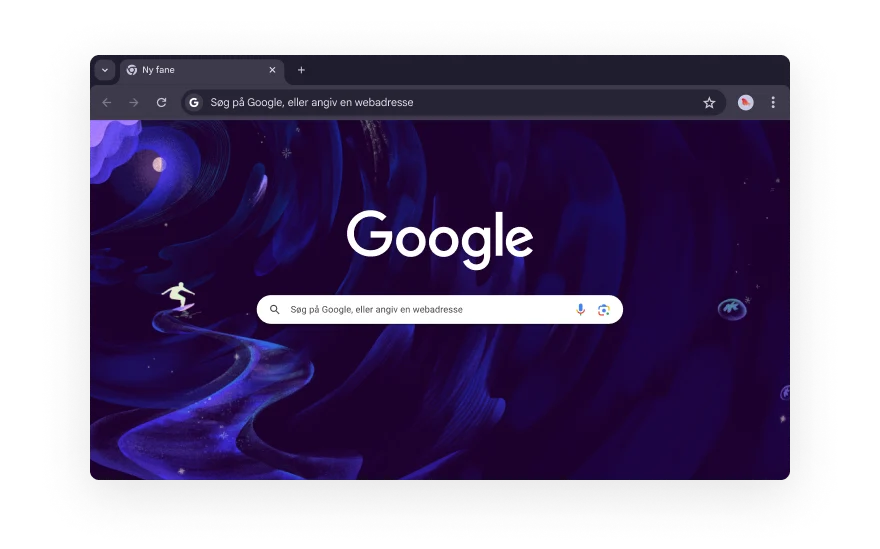 En abstrakt Chrome-brugerflade omgivet af ikoner, der repræsenterer kategorier af browserudvidelser. Ikonerne repræsenterer Shopping, Underholdning, Værktøjer, Kunst og Design og Tilgængelighed.