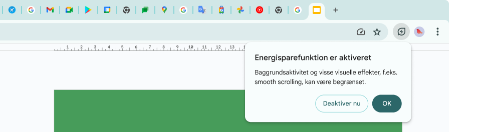 En markør har klikket på ikonet for Energisparefunktion, som angiver, at baggrundsaktivitet og visse visuelle effekter er begrænset med henblik på at bruge mindre hukommelse.