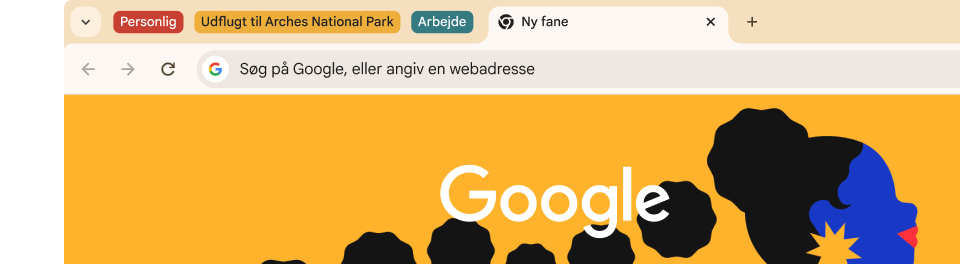 En browsers brugerflade med tre fanegrupper: Personligt, Tur til Arches og Arbejde.