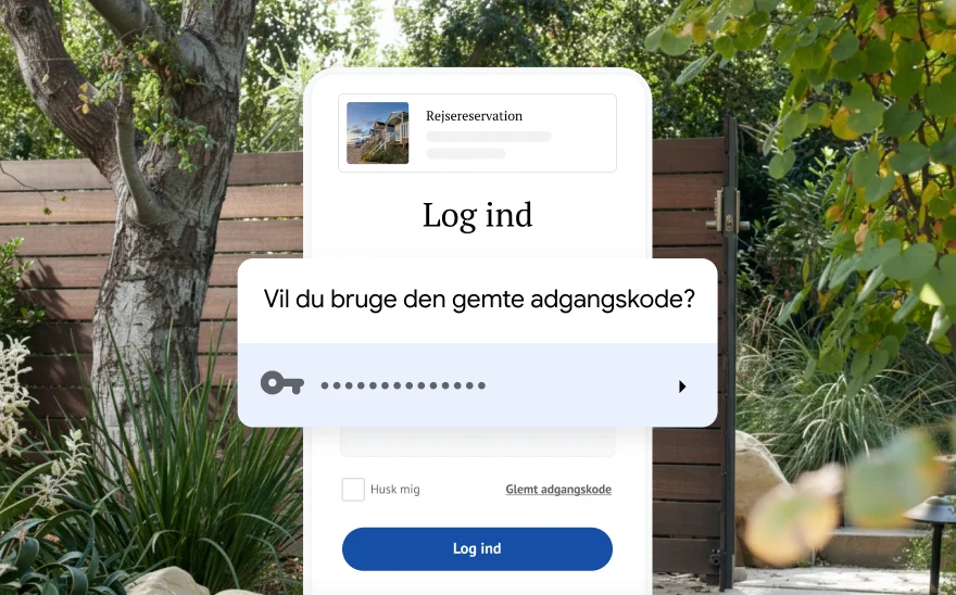 En loginside til reservation af en rejse spørger, om brugeren vil benytte en gemt adgangskode. I baggrunden ses en naturscene.
