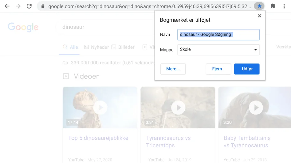 Chrome-browservindue med en åben, synlig dialogboks for Bogmærker.
