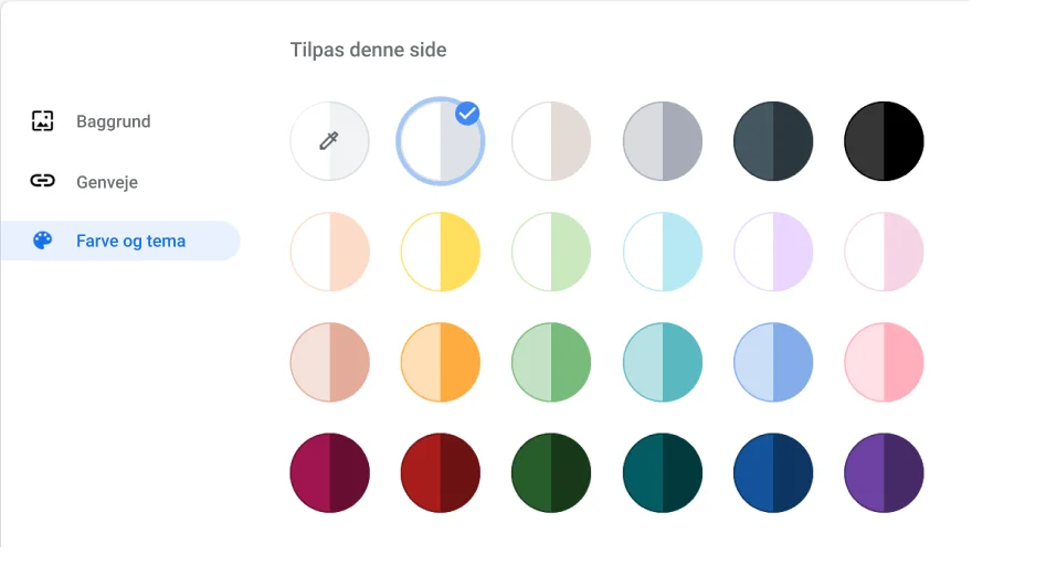Vindue med Chrome-browserindstillinger, der viser dialogboksen for Farve og tema.