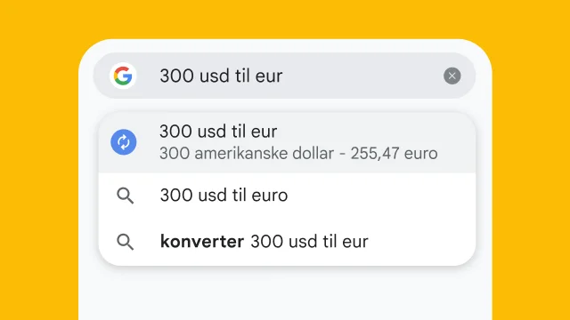 En bruger har indtastet en forespørgsel om at konvertere 300 USD til EUR i Chromes adresselinje, og der vises med det samme søgeresultater.